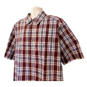 King Size Shirt Mens 2XL Maroon White Button Down Short Slv Plaid Cotton Blend
